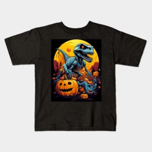 Halloween Skeleton Zombie Ghost Riding T Rex Funny Pumpkin Kids T-Shirt